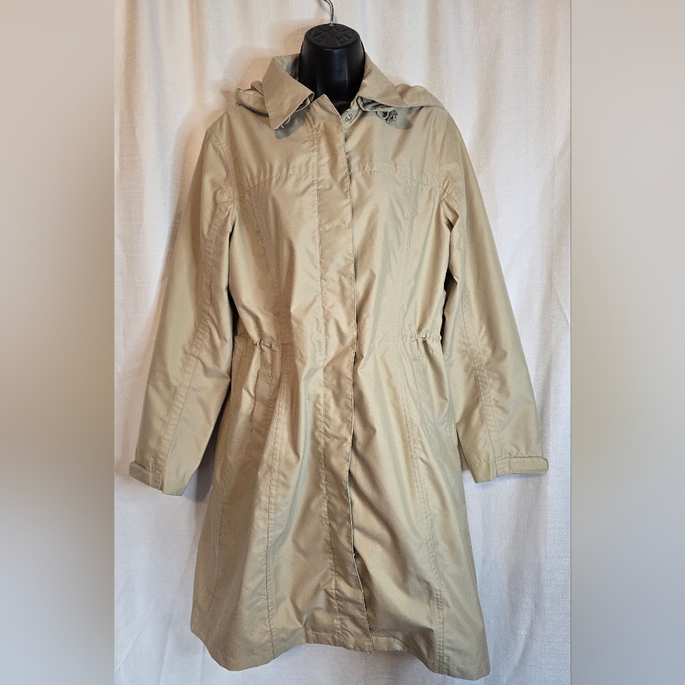 Classic Tan Trench Coat Size M With Hood Sinched Waist Fall - Picture 2 of 13